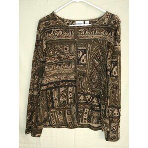 Chicos Pullover Top Long Sleeve Rhinestones Beaded Brown Aztec Pattern Large EUC